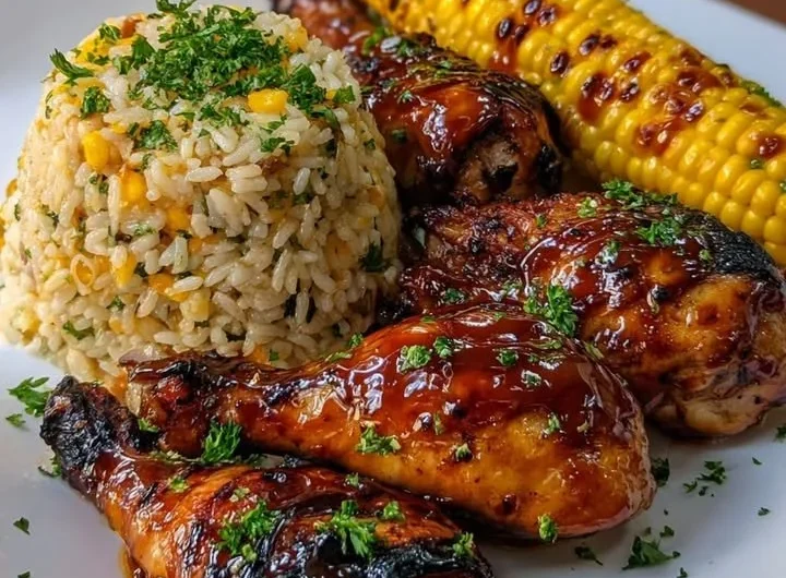 BBQ glazed chicken drumsticks served with corn rice and sweet corn on a plate