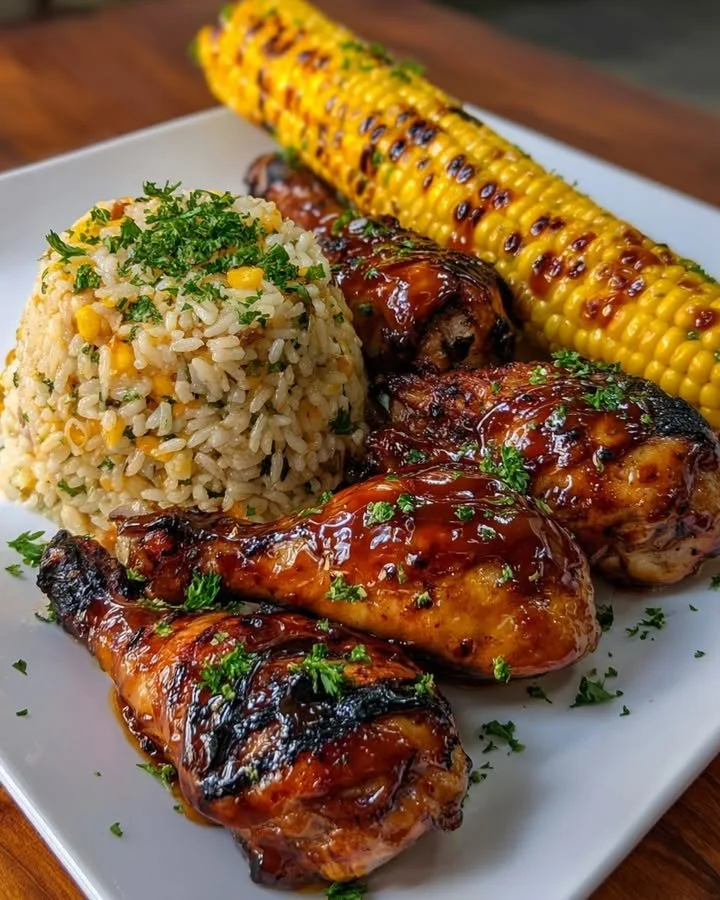 BBQ Glazed Chicken Drumsticks with Corn Rice & Sweet Corn