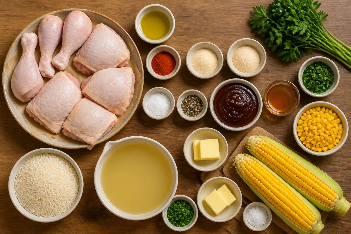 BBQ Glazed Chicken Drumsticks with Corn Rice & Sweet Corn