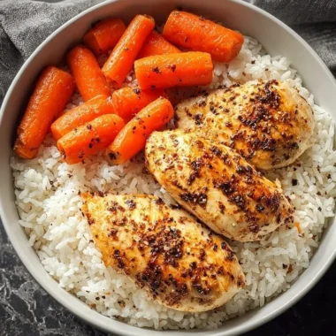 Delicious black pepper chicken breast served with rice and glazed carrots