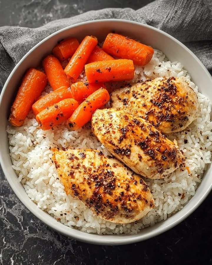 Delicious black pepper chicken breast served with rice and glazed carrots