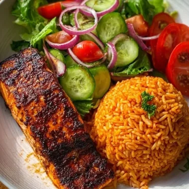 Delicious blackened salmon with seasoned rice and fresh garden salad