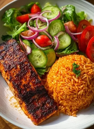 Delicious blackened salmon with seasoned rice and fresh garden salad