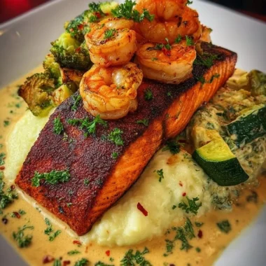 Cajun salmon dish served with garlic shrimp, mashed potatoes, and creamy vegetables