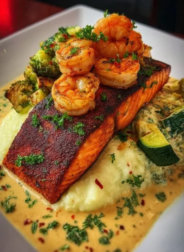 Cajun salmon dish served with garlic shrimp, mashed potatoes, and creamy vegetables