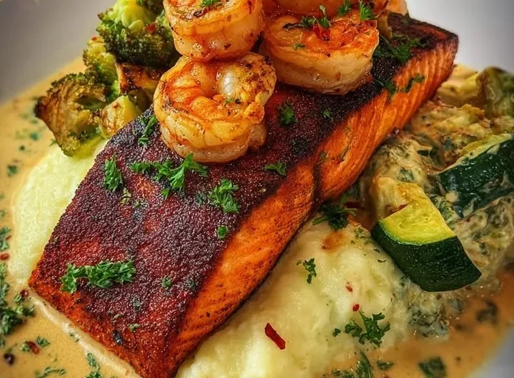 Cajun salmon dish served with garlic shrimp, mashed potatoes, and creamy vegetables