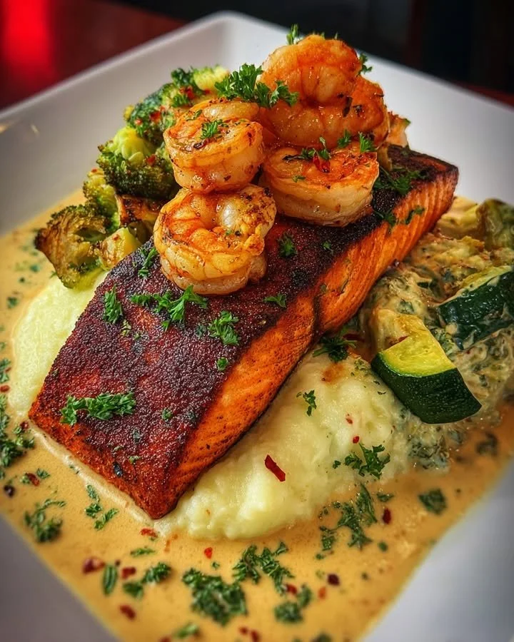 Cajun salmon dish served with garlic shrimp, mashed potatoes, and creamy vegetables