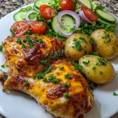 Cheesy baked chicken with herbed baby potatoes and a fresh garden salad