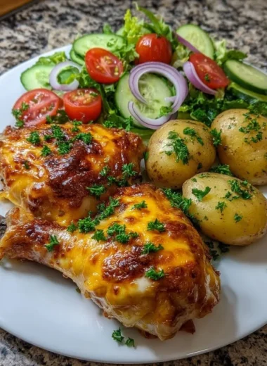 Cheesy baked chicken with herbed baby potatoes and a fresh garden salad