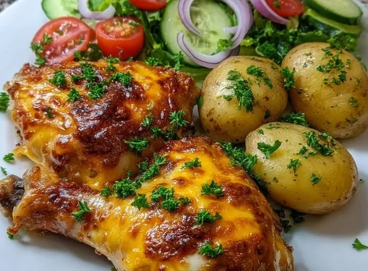 Cheesy baked chicken with herbed baby potatoes and a fresh garden salad