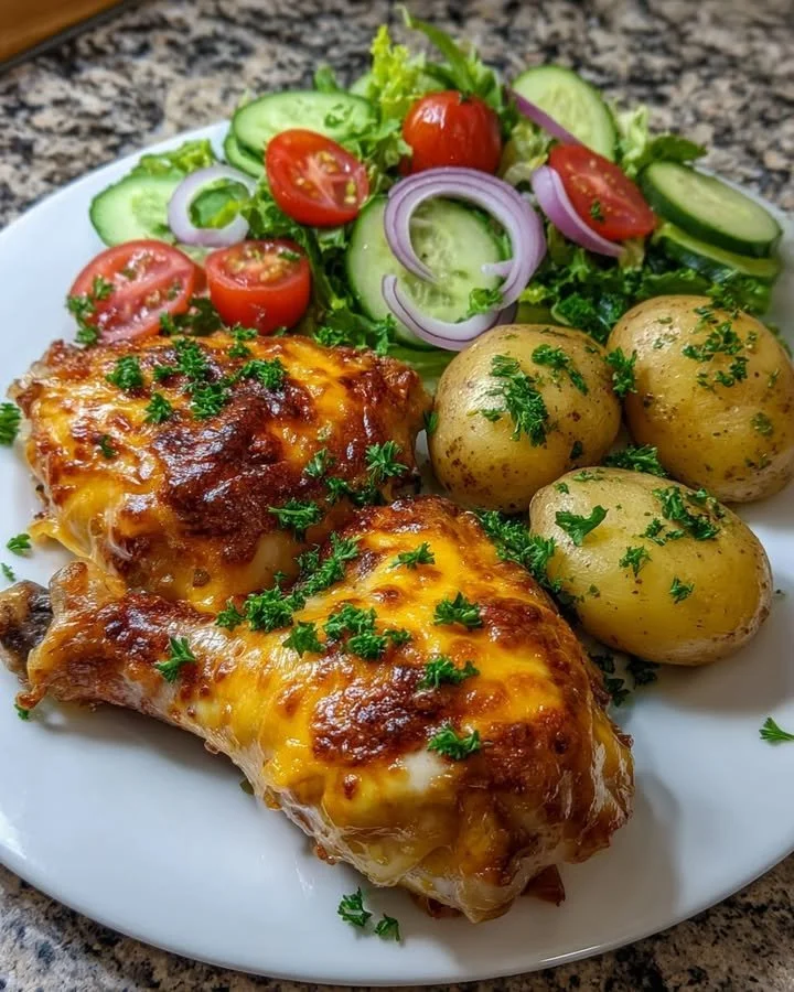 Cheesy baked chicken with herbed baby potatoes and a fresh garden salad