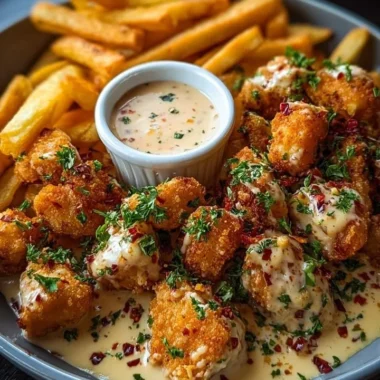 Creamy Cajun chicken bites served with crispy fries