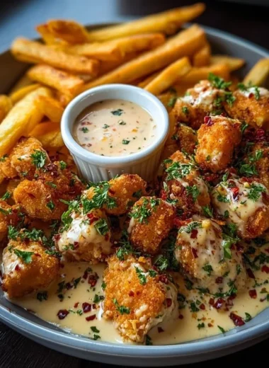 Creamy Cajun chicken bites served with crispy fries