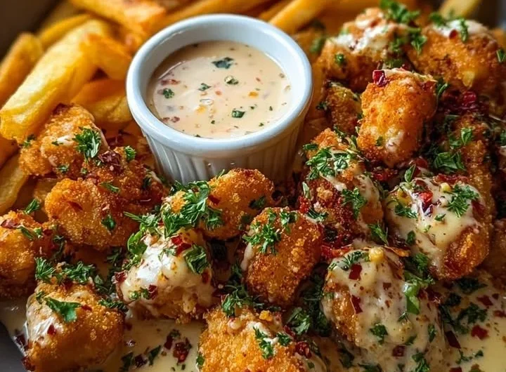 Creamy Cajun chicken bites served with crispy fries