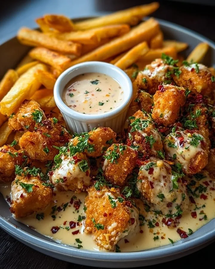Creamy Cajun chicken bites served with crispy fries