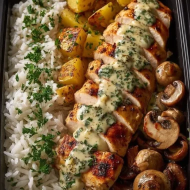 Creamy chicken dish with garlic rice, potatoes, and mushrooms.