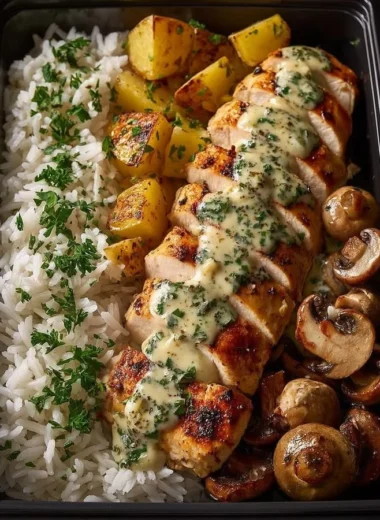 Creamy chicken dish with garlic rice, potatoes, and mushrooms.