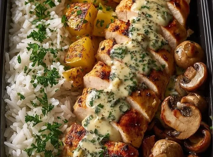 Creamy chicken dish with garlic rice, potatoes, and mushrooms.
