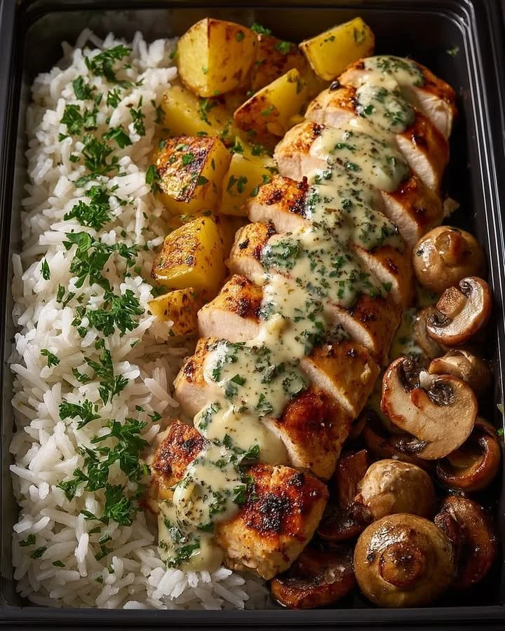 Creamy chicken dish with garlic rice, potatoes, and mushrooms.
