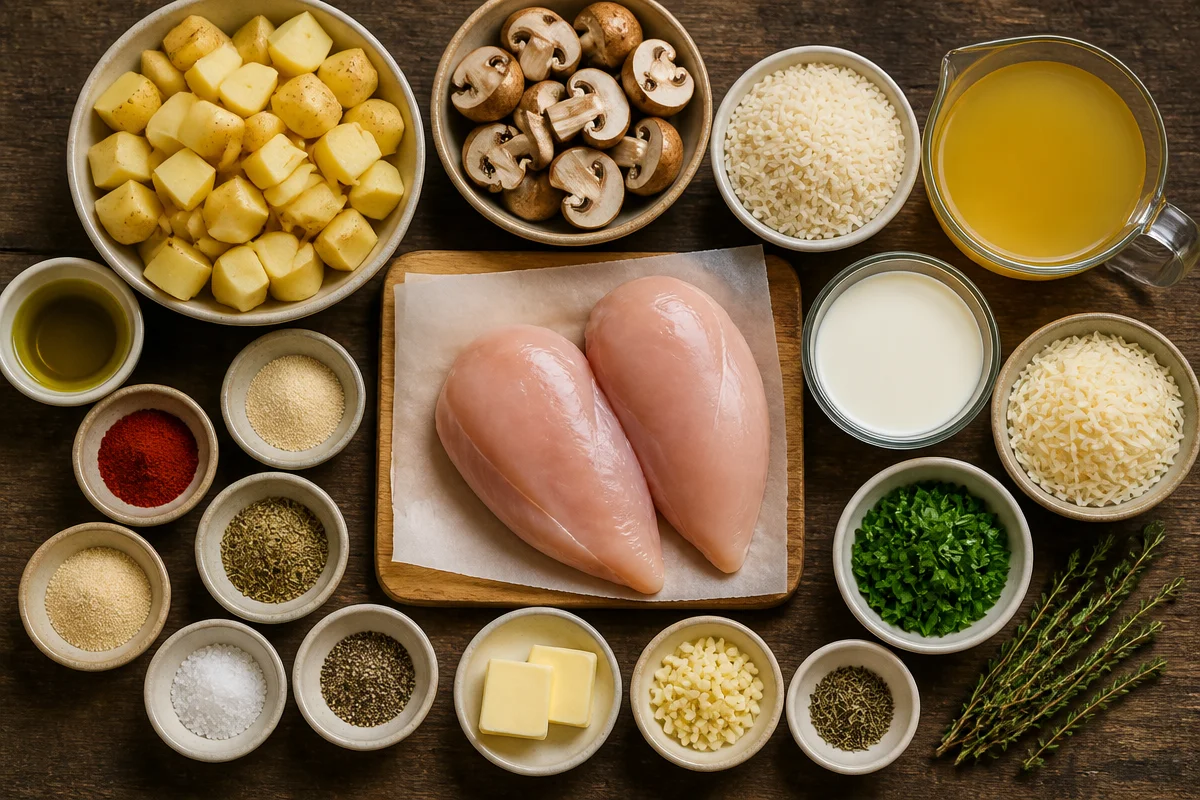 Creamy Chicken With Garlic Rice, Potatoes, Mushrooms