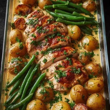 Creamy garlic chicken served with baby potatoes and green beans