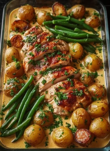 Creamy garlic chicken served with baby potatoes and green beans