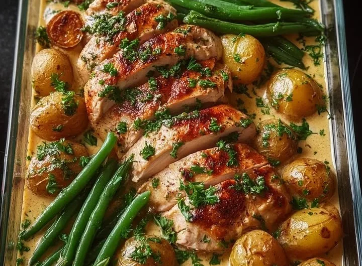 Creamy garlic chicken served with baby potatoes and green beans