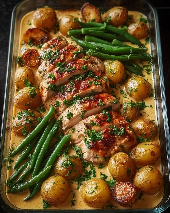 Creamy Garlic Chicken With Baby Potatoes And Green Beans