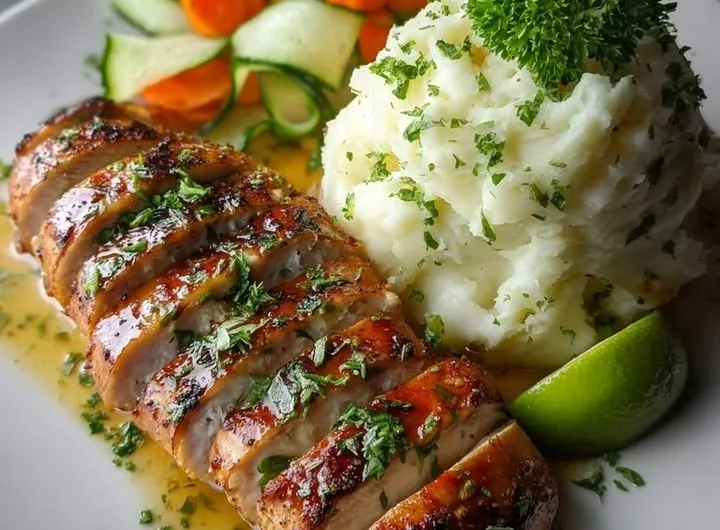 Creamy garlic herb chicken served with mashed potatoes