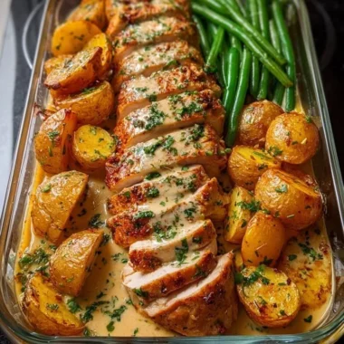 Creamy garlic parmesan chicken with green beans and potatoes dish