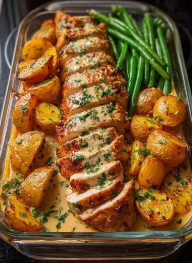 Creamy garlic parmesan chicken with green beans and potatoes dish