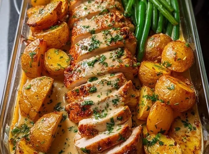 Creamy garlic parmesan chicken with green beans and potatoes dish