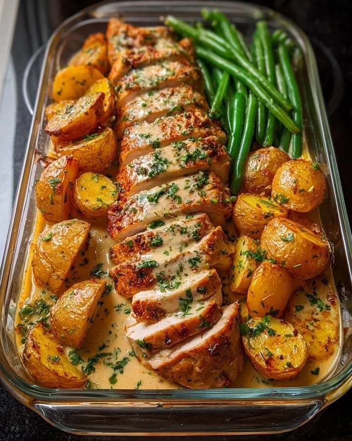 Creamy garlic parmesan chicken with green beans and potatoes dish