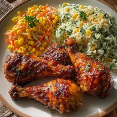 Creamy herb rice with glazed chicken drumsticks served on a plate