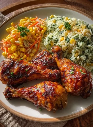 Creamy herb rice with glazed chicken drumsticks served on a plate