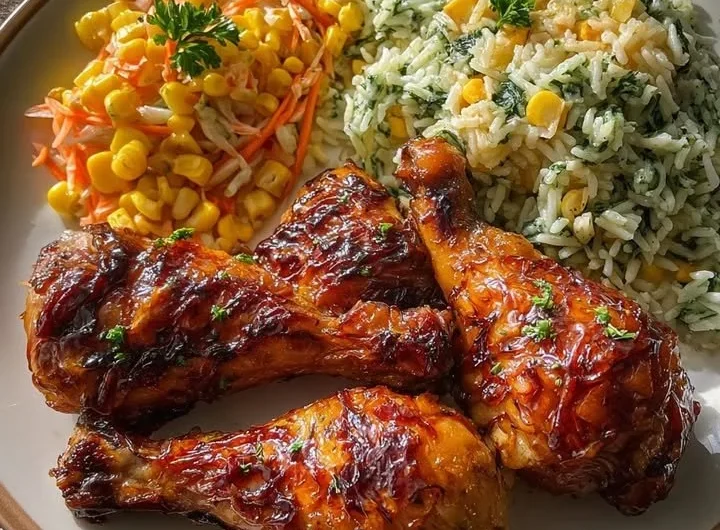 Creamy herb rice with glazed chicken drumsticks served on a plate