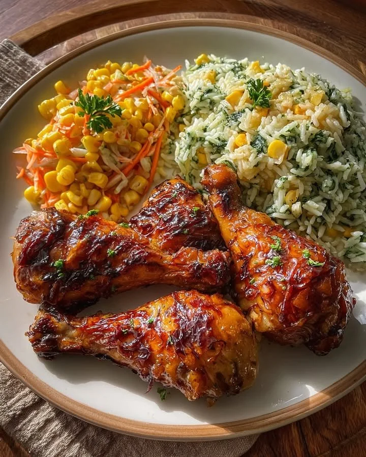 Creamy herb rice with glazed chicken drumsticks served on a plate