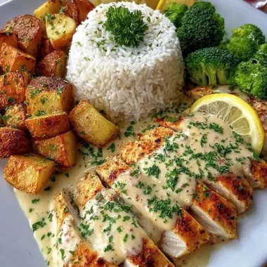 Creamy lemon chicken dish with rice, roasted potatoes, and broccoli.