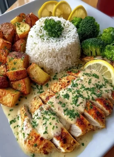 Creamy lemon chicken dish with rice, roasted potatoes, and broccoli.