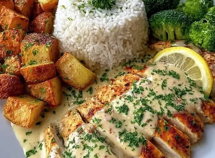 Creamy lemon chicken dish with rice, roasted potatoes, and broccoli.