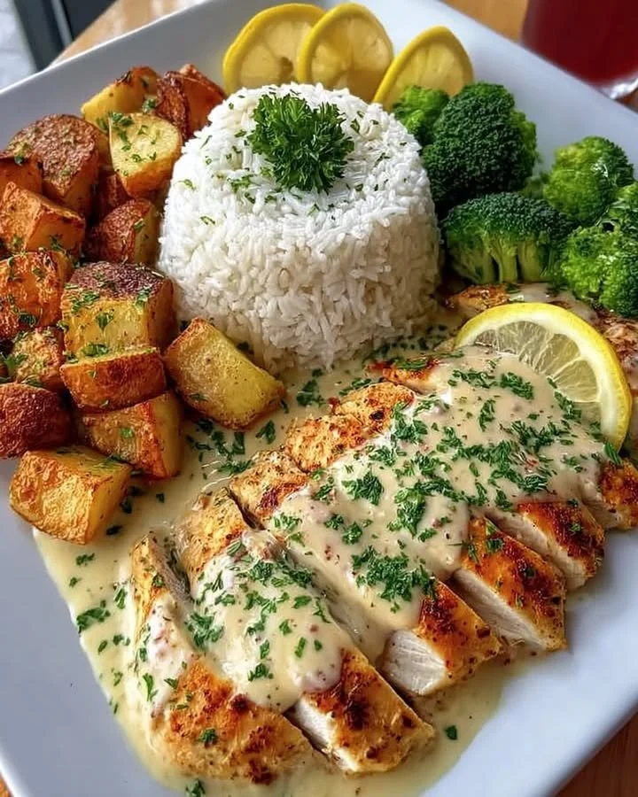 Creamy lemon chicken dish with rice, roasted potatoes, and broccoli.