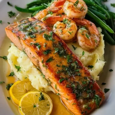 Creamy mashed potatoes served with garlic butter salmon and shrimp on a plate