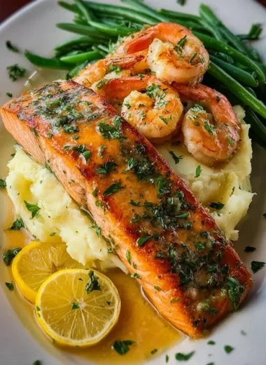 Creamy mashed potatoes served with garlic butter salmon and shrimp on a plate