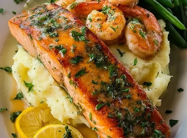 Creamy mashed potatoes served with garlic butter salmon and shrimp on a plate