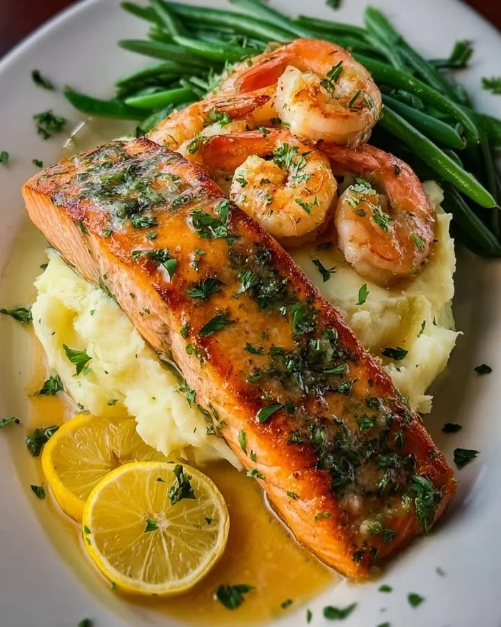 Creamy Mashed Potatoes With Garlic Butter Salmon And Shrimp