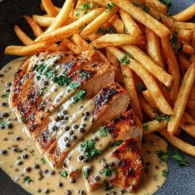 Creamy peppercorn chicken served with crispy fries on a plate
