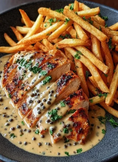 Creamy peppercorn chicken served with crispy fries on a plate
