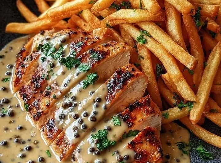 Creamy peppercorn chicken served with crispy fries on a plate