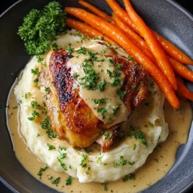 Delicious creamy peppercorn chicken with mashed potatoes and glazed carrots.