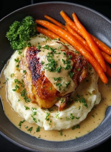 Delicious creamy peppercorn chicken with mashed potatoes and glazed carrots.